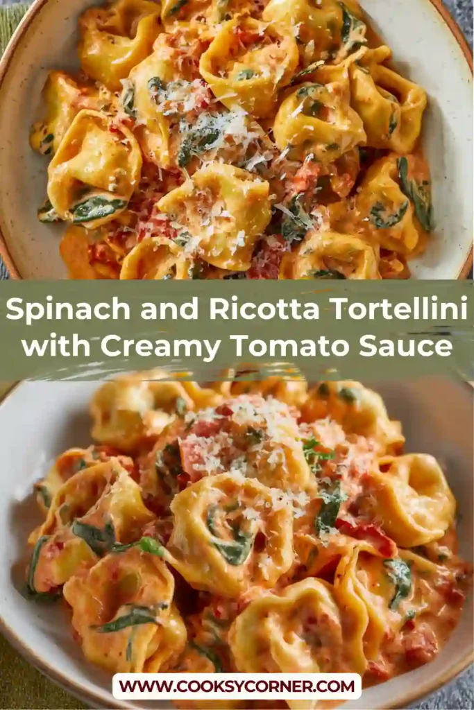 Spinach and ricotta tortellini served in a creamy tomato sauce with parmesan and wilted spinach. A comforting vegetarian pasta dish.
