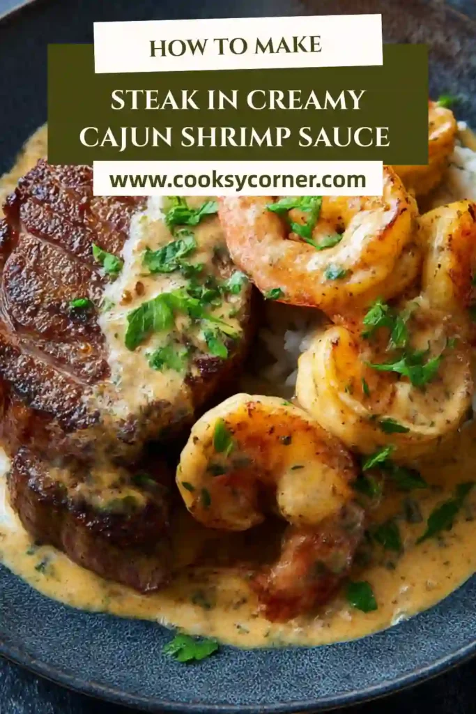 Pan-seared steak with shrimp in Cajun cream sauce served hot.