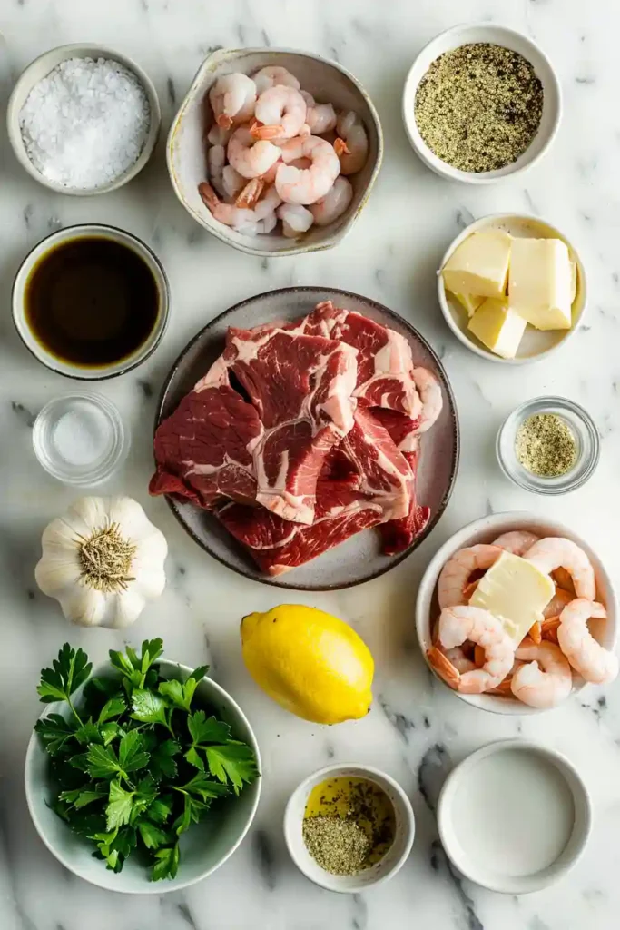 Cast iron steak with creamy Cajun shrimp sauce and lemon garnish.