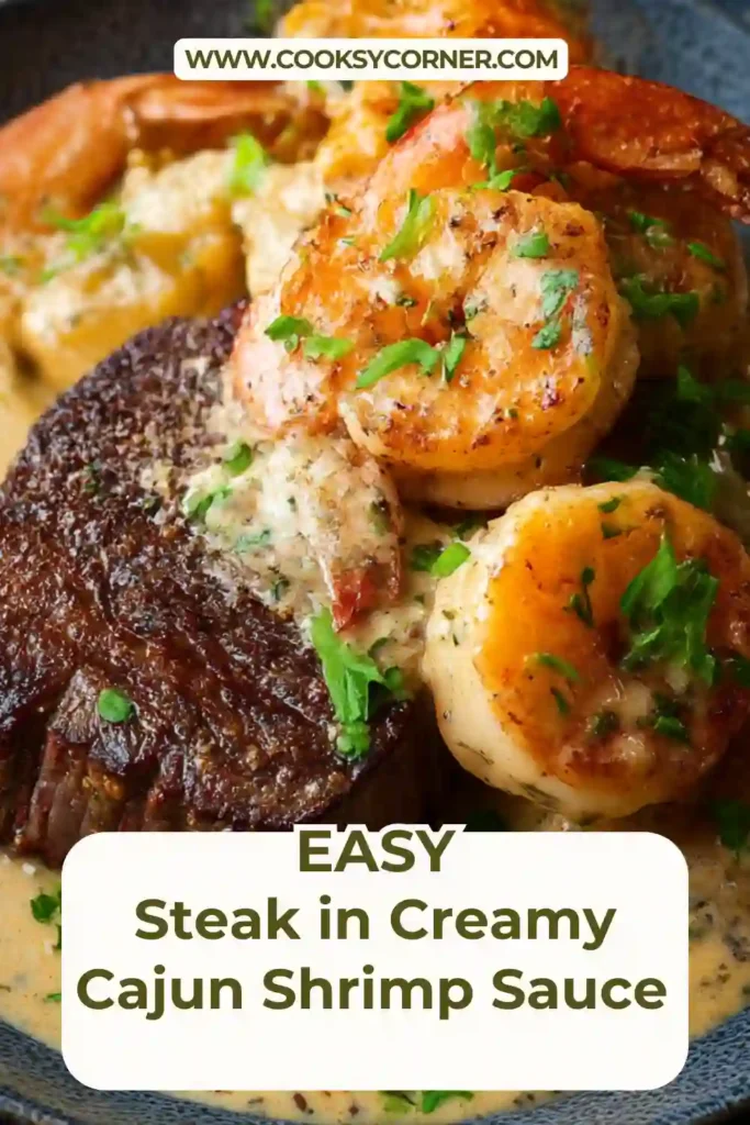 Steak in Creamy Cajun Shrimp Sauce served in a skillet with juicy steak and shrimp in rich cream sauce.