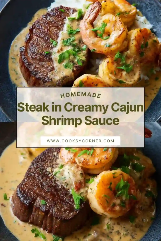 Surf and turf steak topped with creamy Cajun shrimp sauce and fresh parsley.