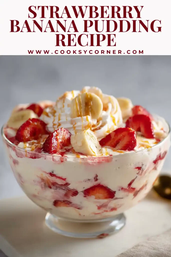 Close-up of Strawberry Banana Pudding showing smooth pudding layers with fruit and cookies. An easy no-bake dessert idea.