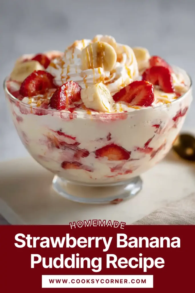 A creamy Strawberry Banana Pudding dessert topped with whipped cream, strawberries, and crushed wafers. A classic layered pudding recipe.