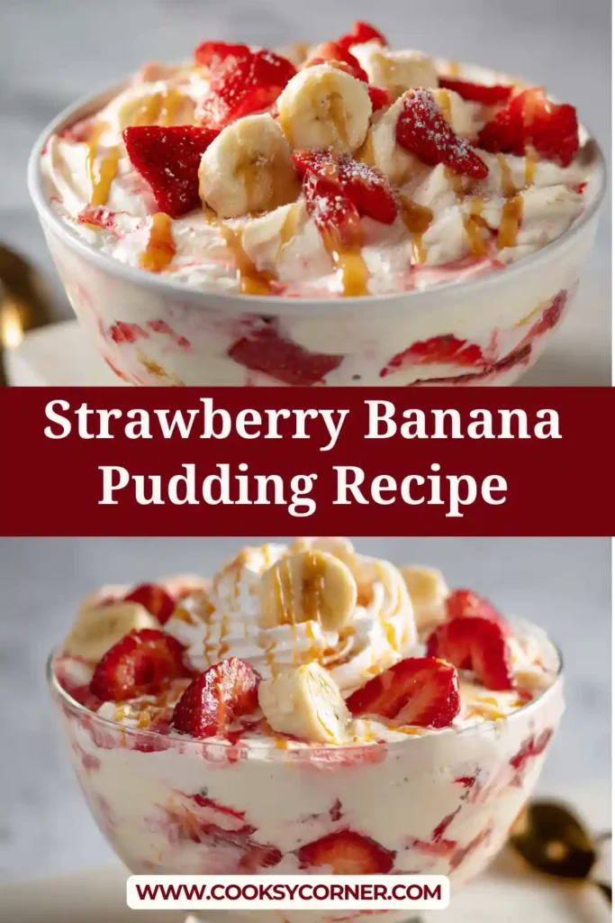 Strawberry Banana Pudding layered with vanilla pudding, fresh bananas, strawberries, and cookies in a clear dish. This creamy no-bake dessert is perfect for parties.