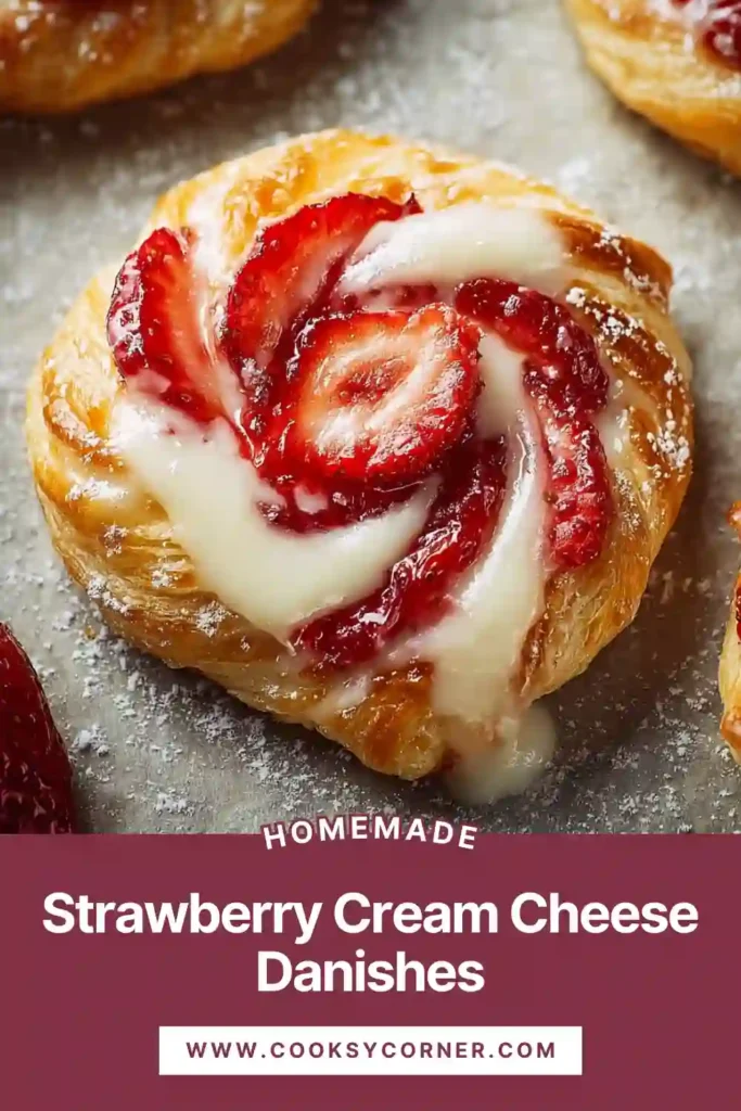 Strawberry cream cheese danishes baked until golden with flaky puff pastry layers.