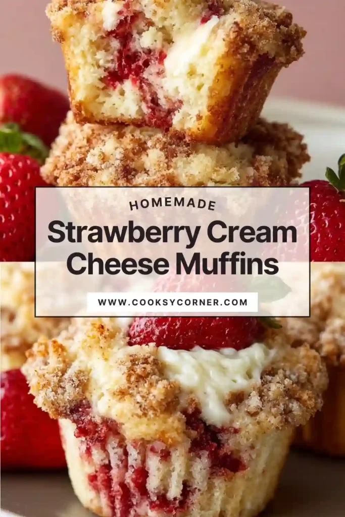 Close-up of strawberry cream cheese muffins showing soft crumb and creamy filling.