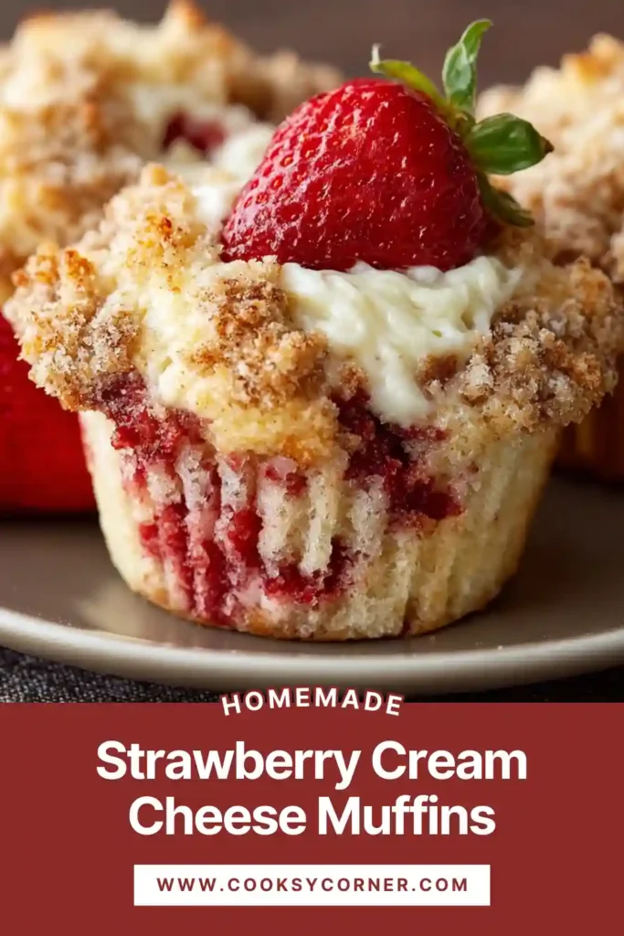 Strawberry cream cheese muffins with a crumb topping and creamy cheesecake center.