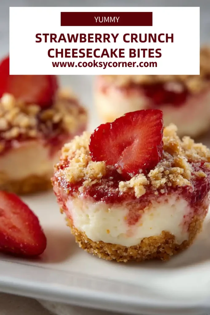 Close-up of strawberry crunch cheesecake bites with white chocolate filling.