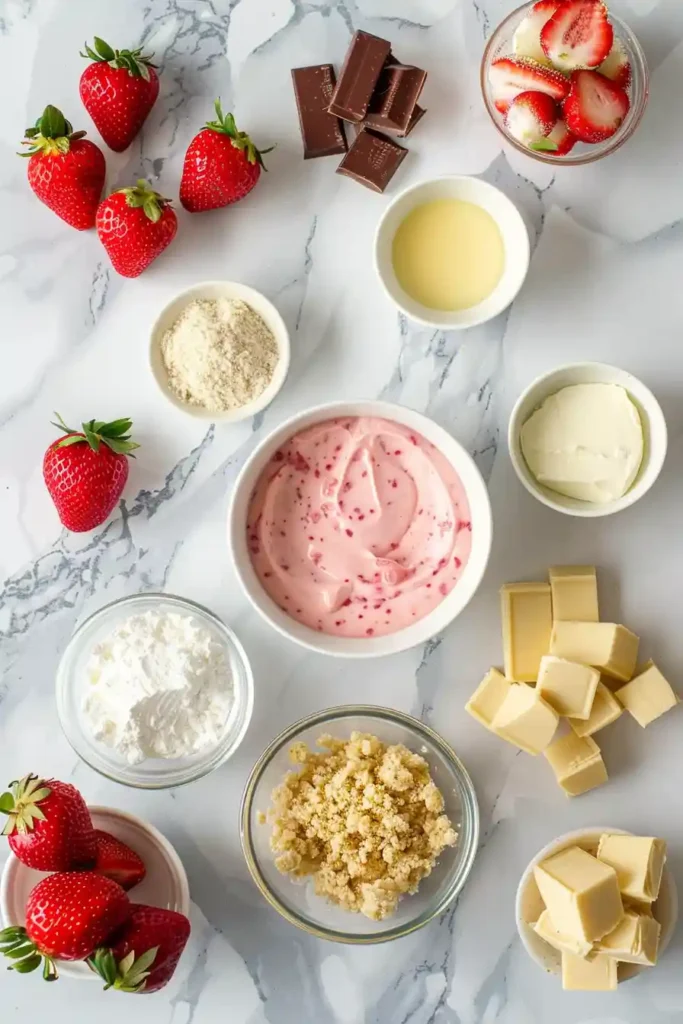 Mini strawberry cheesecake bites topped with crunchy strawberry crumbs.