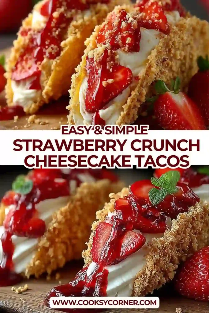 Strawberry Crunch Cheesecake Tacos filled with creamy cheesecake and fresh chopped strawberries in crunchy graham cracker shells. This no bake dessert is perfect for summer parties and family gatherings.