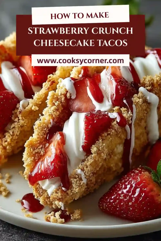 Close-up of Strawberry Crunch Cheesecake Tacos showing creamy strawberry cheesecake filling and buttery graham cracker taco shells. An easy strawberry dessert tacos recipe.