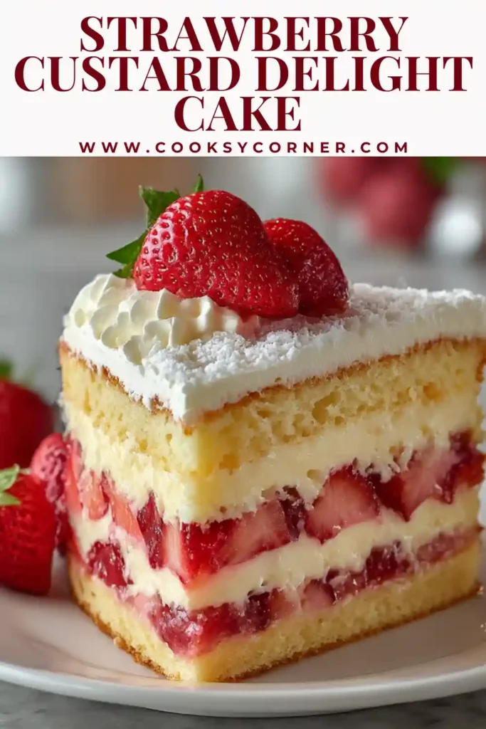 Strawberry custard layer cake with whipped cream.