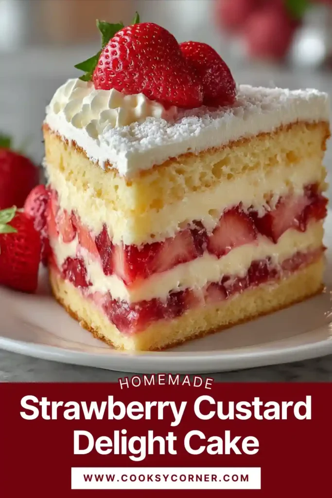 Vanilla cake layered with custard and strawberries.