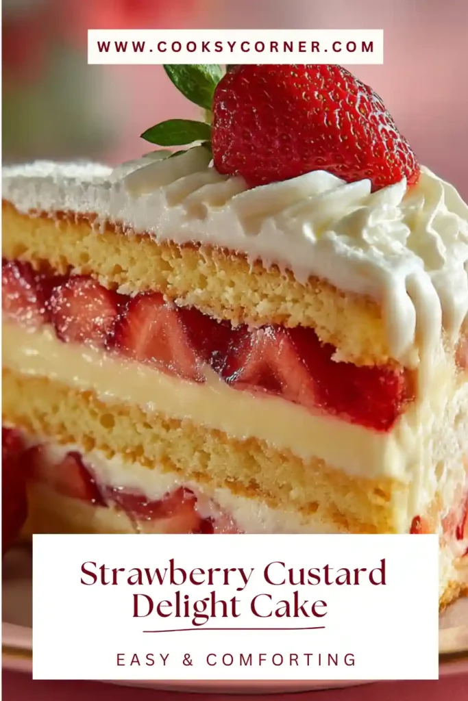 Strawberry Custard Delight Cake with layered filling.