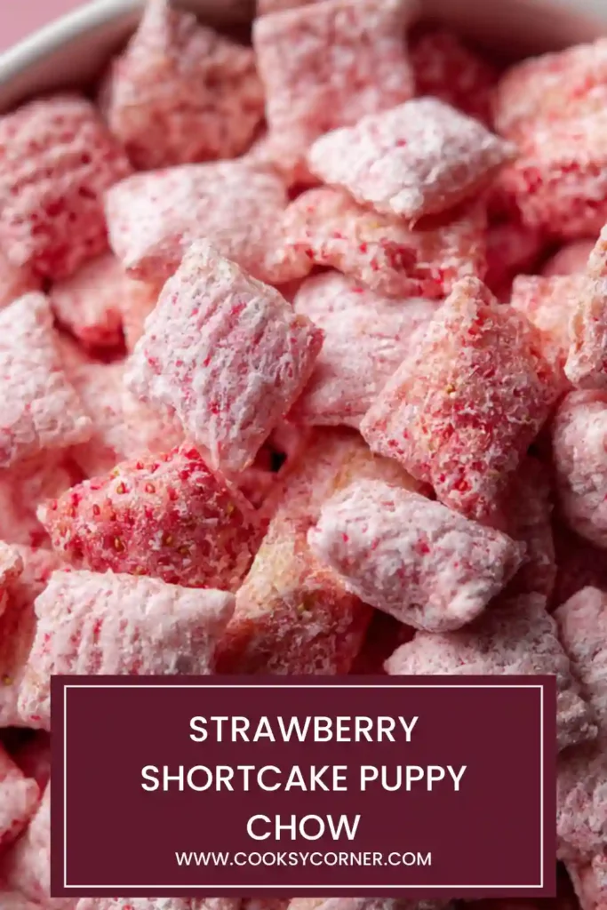Strawberry muddy buddies with white chocolate coating.