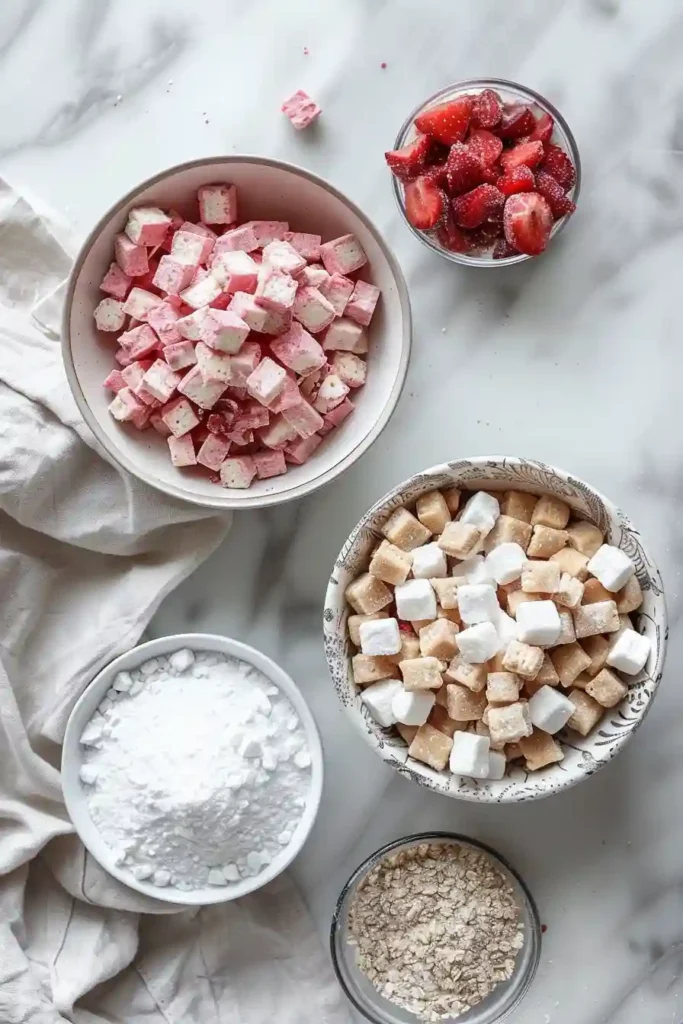 Pink strawberry puppy chow snack mix in a bowl.