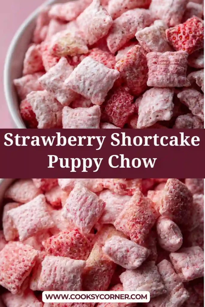 No bake strawberry puppy chow made with Chex cereal.