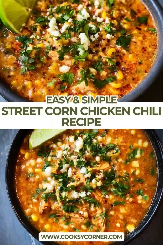 Street Corn Chicken Chili served in a white bowl with fresh toppings. A hearty one-pot chicken chili inspired by Mexican street corn.