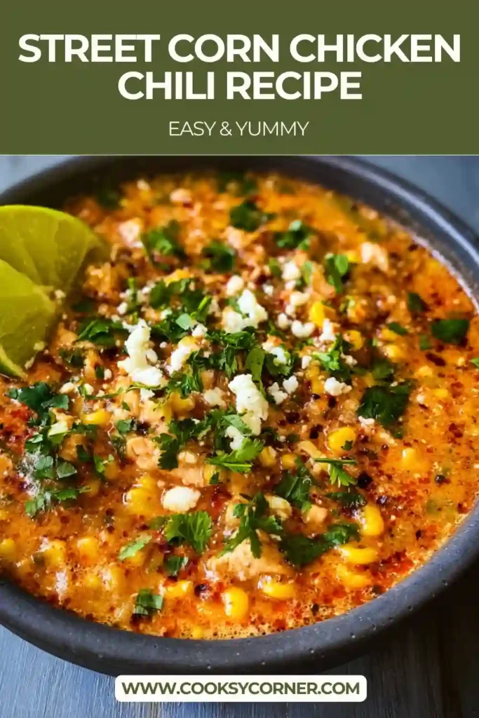 A bowl of Street Corn Chicken Chili topped with cilantro, cotija cheese, and lime wedges. This creamy chicken chili features sweet corn and bold spices.