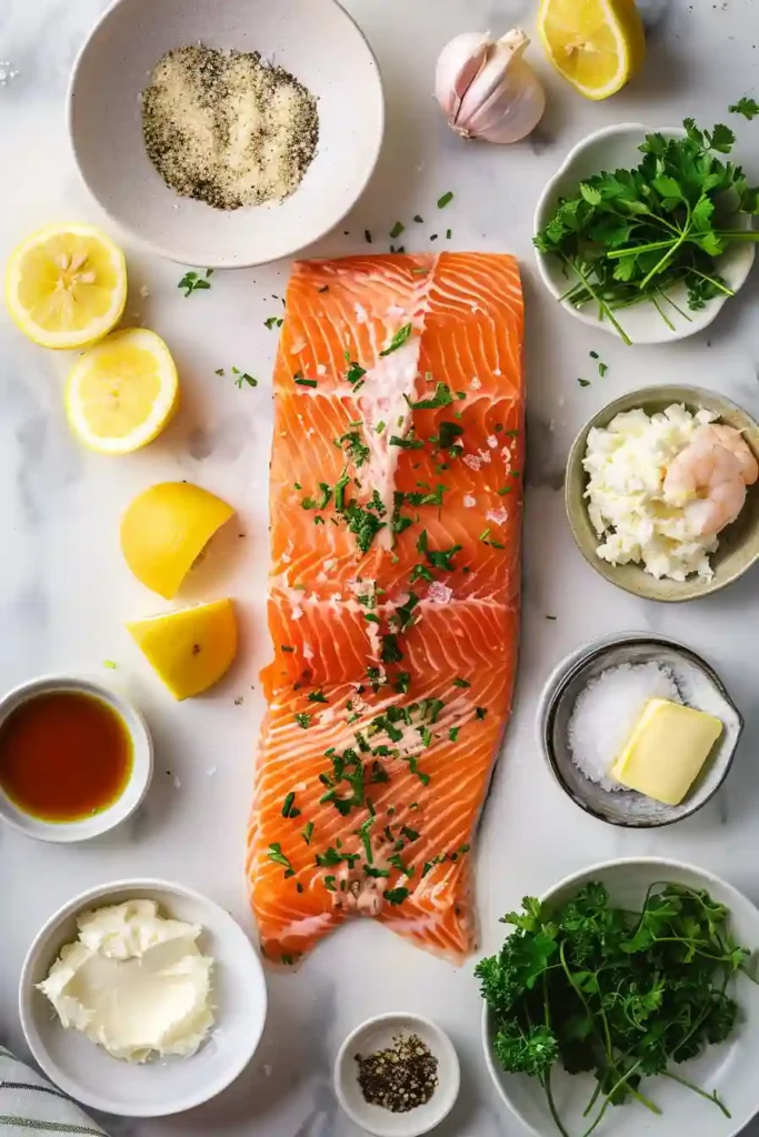 Stuffed Salmon Roll served on a plate with herbs and lemon slices, highlighting its creamy center and elegant presentation.