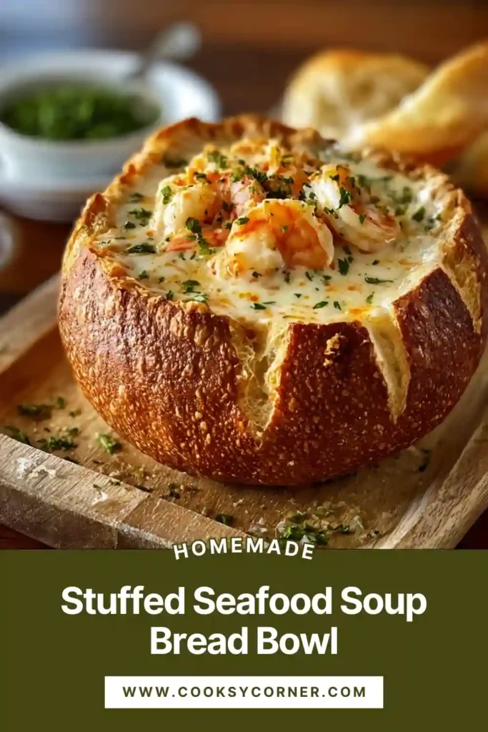 Close-up of a seafood bread bowl showing creamy shrimp crab soup inside a toasted artisan roll.