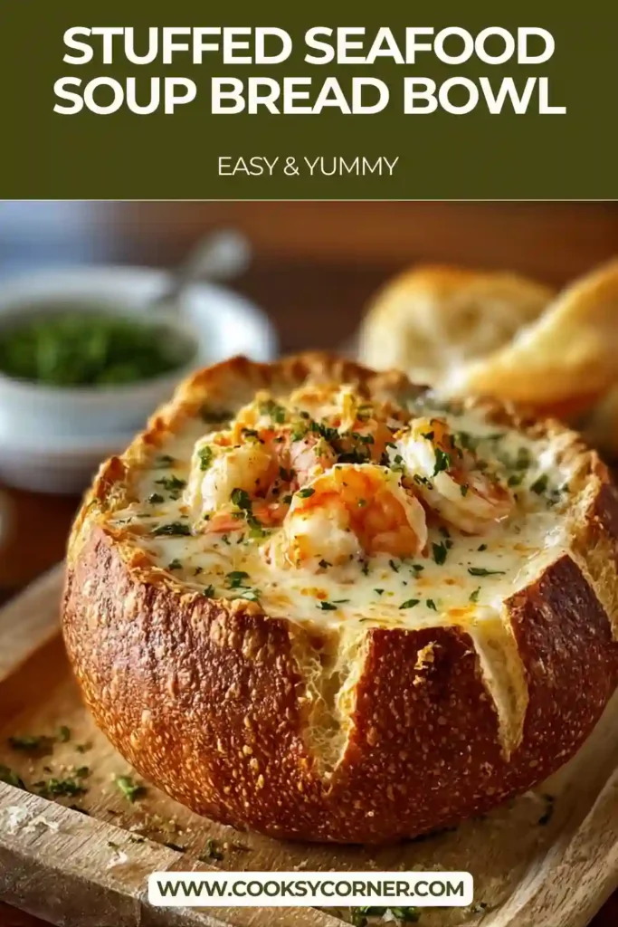 A stuffed seafood soup bread bowl filled with creamy seafood soup, shrimp, crab, and scallops, served hot in a crispy bread bowl.