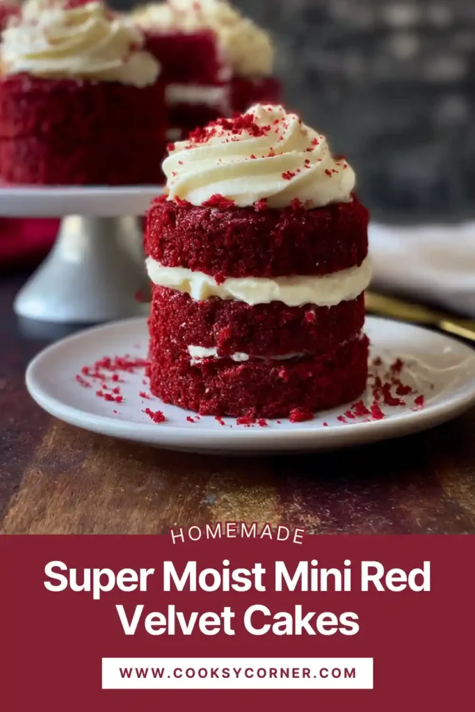 Close-up of Super-Moist Mini Red Velvet Cakes showing soft layers and creamy buttercream frosting.