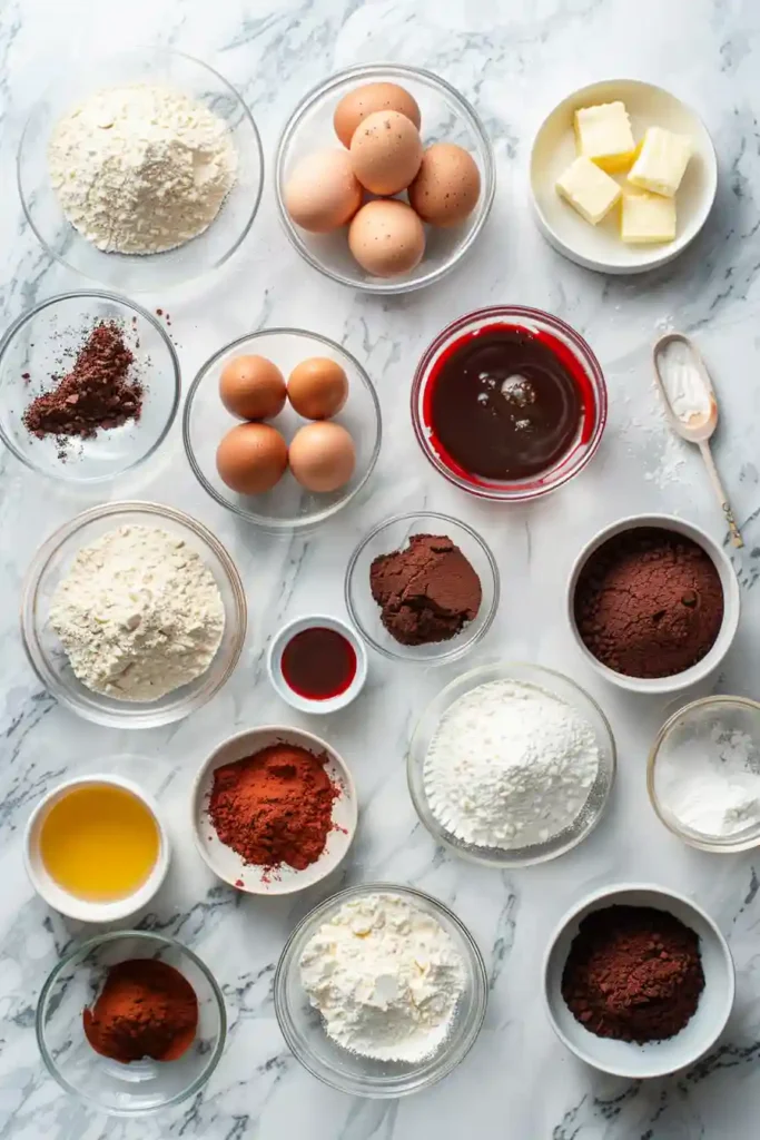 Elegant Super-Moist Mini Red Velvet Cakes decorated with red velvet dust and cake truffles.