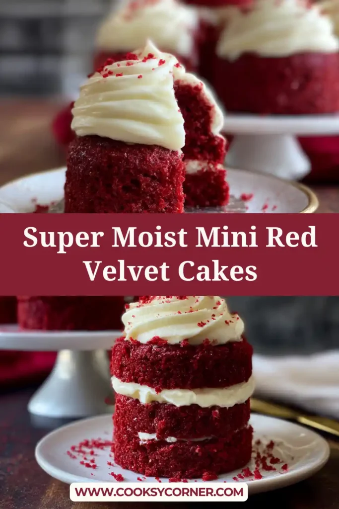 Bakery-style Super-Moist Mini Red Velvet Cakes with smooth cream cheese frosting and tender cocoa crumb, perfect for special occasions.