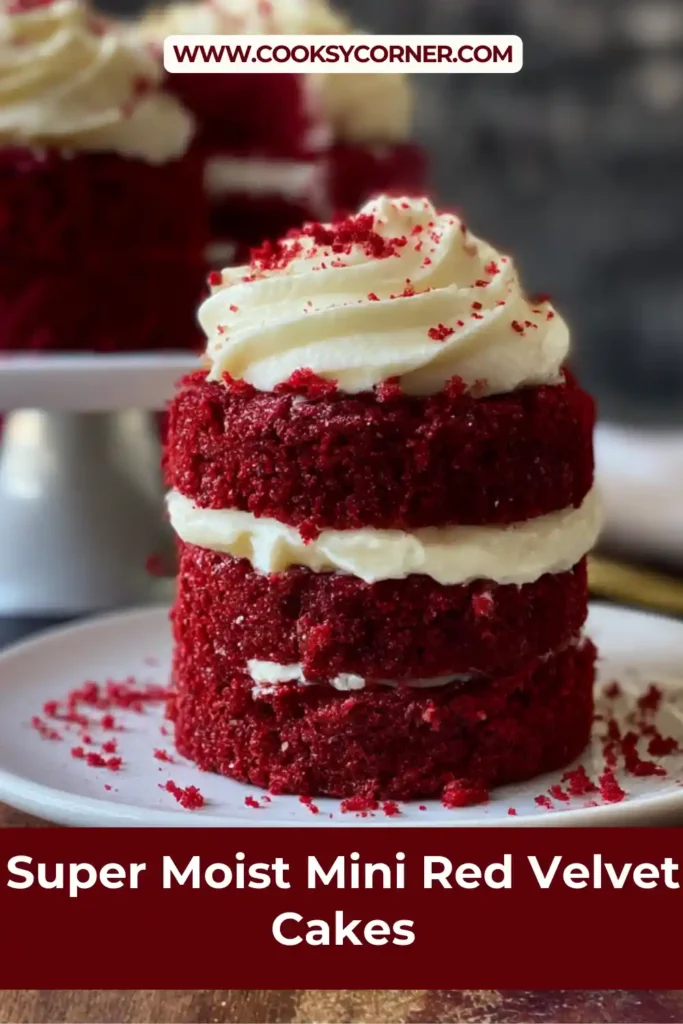 Super-Moist Mini Red Velvet Cakes layered with vanilla cream cheese buttercream and topped with red velvet crumbs. These mini cakes have a deep red color and soft texture.