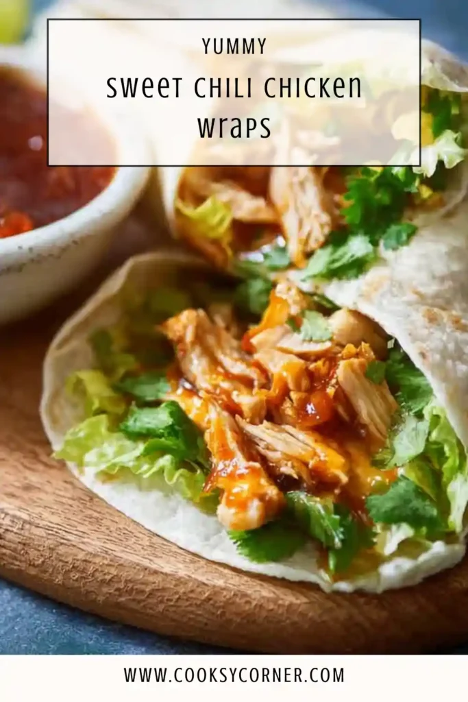Close-up of Sweet Chili Chicken Wraps showing juicy chicken, colorful vegetables, and tangy sauce layered in a tortilla.