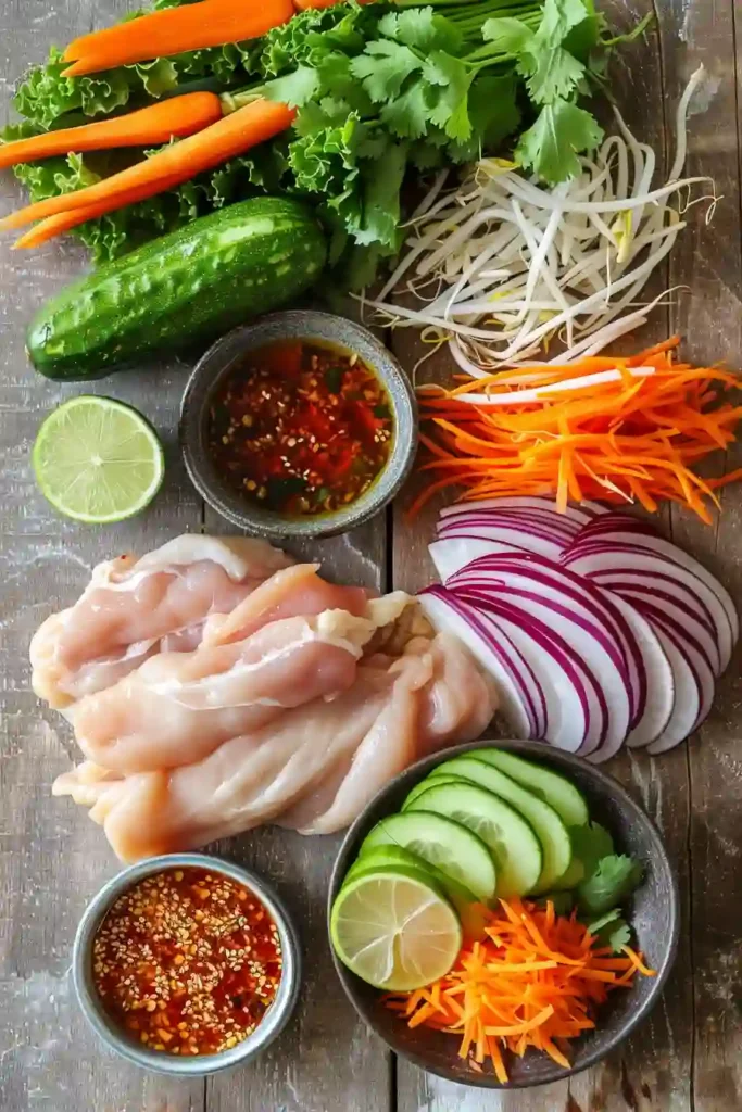 Asian-inspired Sweet Chili Chicken Wraps with shredded chicken, fresh herbs, and vibrant vegetables ready to serve.