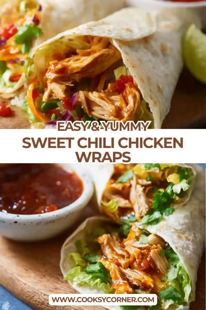 Sweet Chili Chicken Wraps filled with shredded chicken, carrots, cucumber, and lettuce wrapped in soft tortillas with glossy sweet chili sauce.