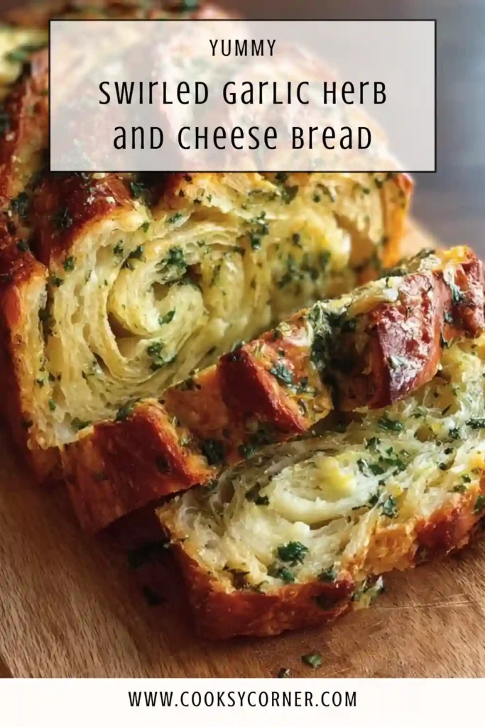 Close-up of Swirled Garlic Herb and Cheese Bread slices with visible garlic herb filling and melted cheese baked into the dough.