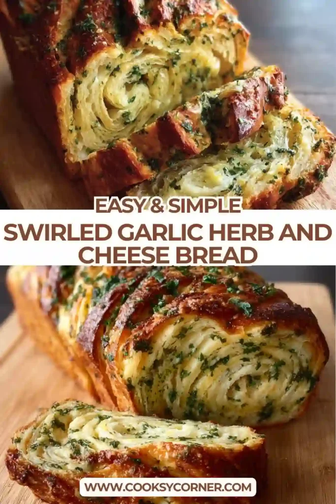 Homemade Swirled Garlic Herb and Cheese Bread cooling on a rack, showing a beautiful cheese swirl and fresh herb flecks throughout the bread.