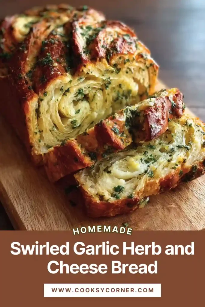Swirled Garlic Herb and Cheese Bread sliced to reveal layers of garlic, herbs, and melted cheese inside a soft loaf. A golden crust surrounds the fluffy interior.