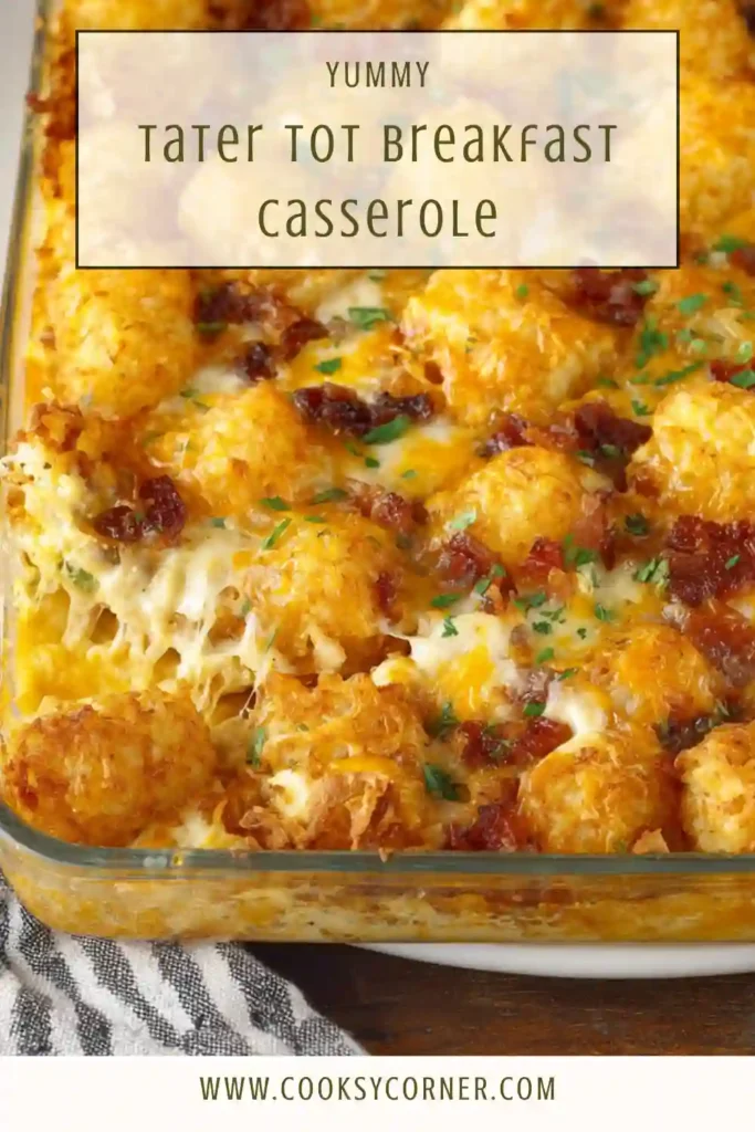 Golden baked tater tot breakfast casserole ready to serve.