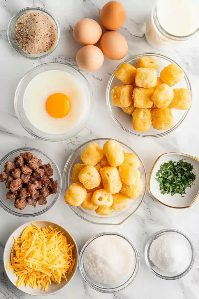 Breakfast bake with tater tots, eggs, and melted cheese.