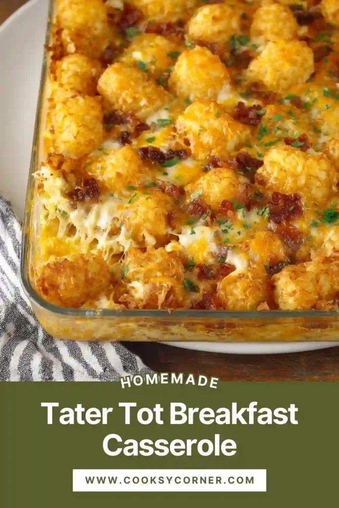 Tater tot breakfast casserole baked with eggs, cheese, and sausage.