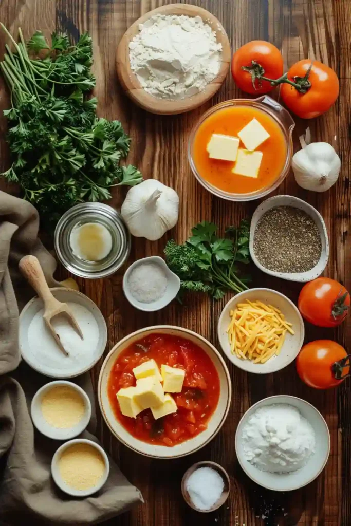 Comforting tomato soup with fluffy cheese dumplings.