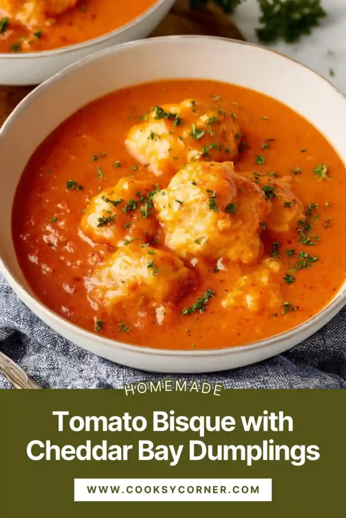 Tomato Bisque with Cheddar Bay Dumplings served hot in a bowl.