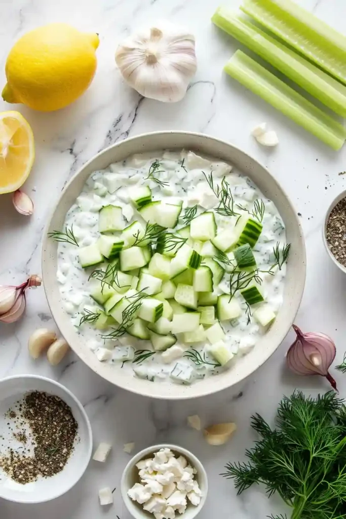 Fresh tzatziki chicken salad ready to serve.