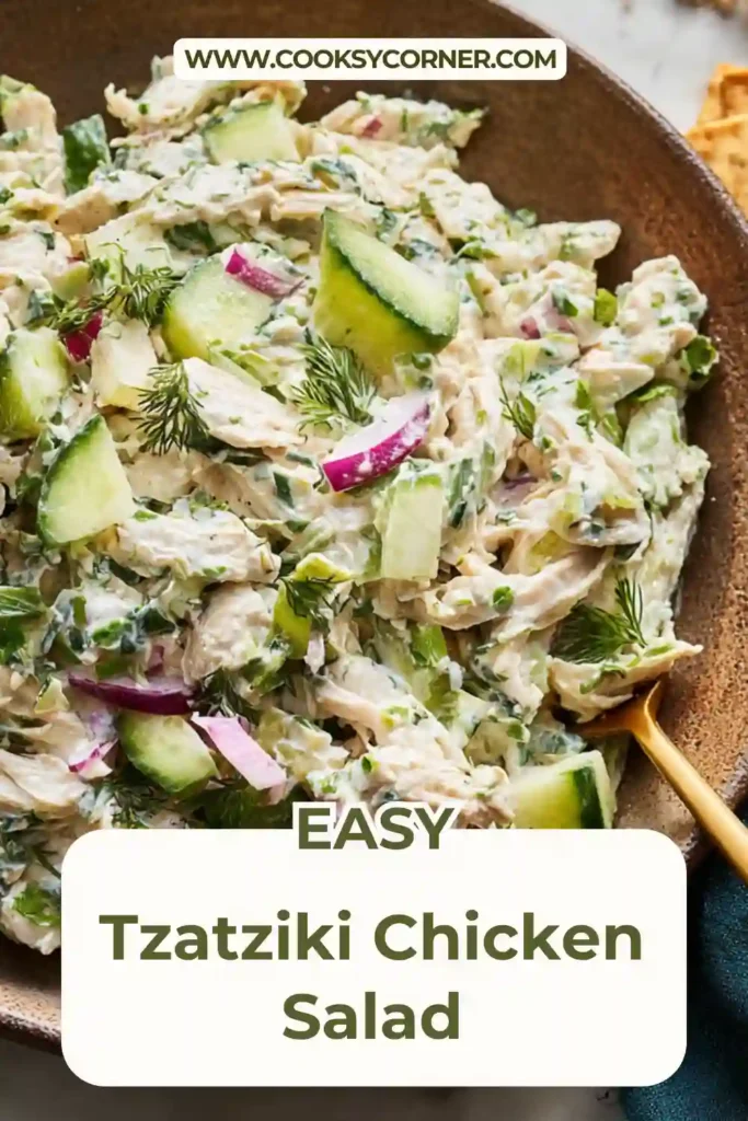 Tzatziki chicken salad made with Greek yogurt, cucumber, herbs, and feta cheese.