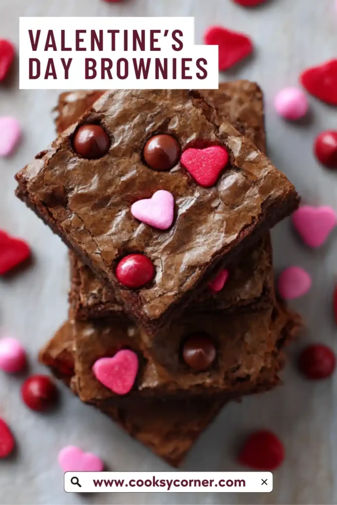 Chocolate Valentine’s Day brownies cooling in a baking pan with bright candy pieces on top.