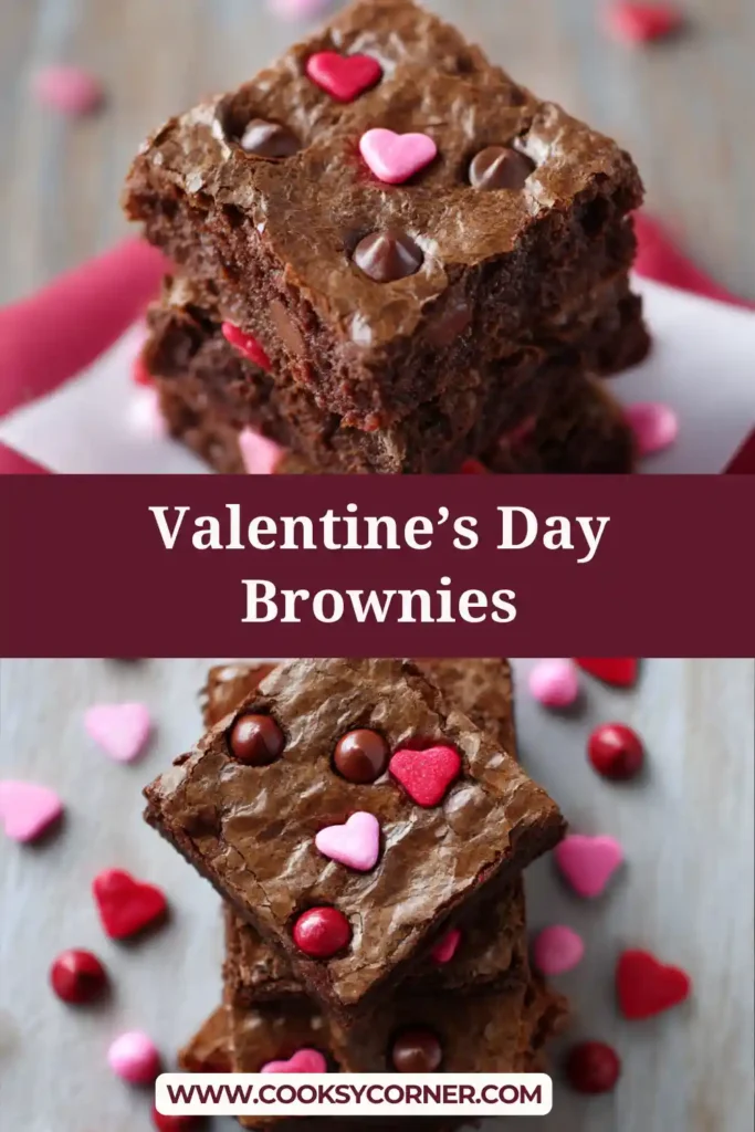 Close-up of fudgy Valentine’s Day brownies with a rich chocolate center and candy topping.