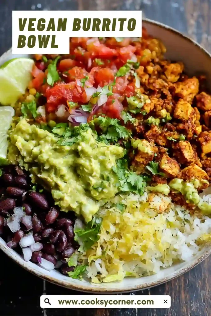 Homemade Vegan Burrito Bowl topped with cilantro, vegan sour cream, and fresh salsa.