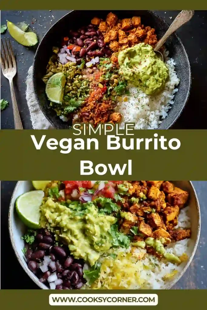 Vegan Burrito Bowl with cilantro-lime rice, sofritas, fajita veggies, and fresh toppings in a bowl. A colorful plant-based meal.