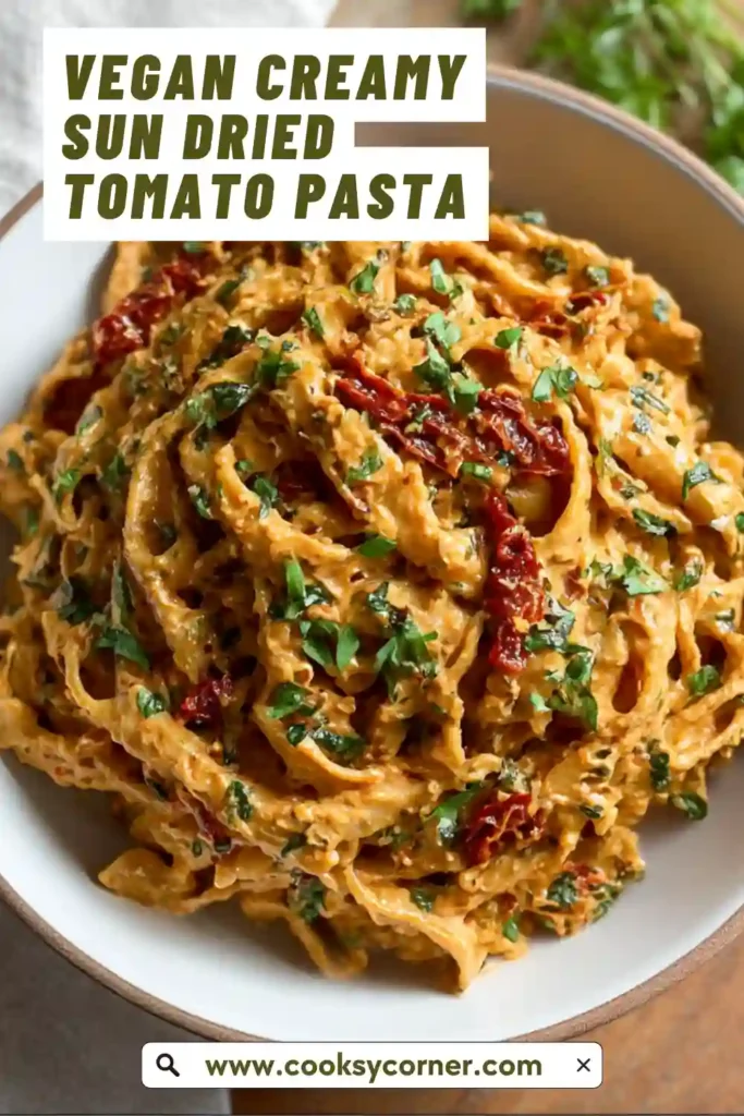 Vegan creamy sun dried tomato pasta made with coconut milk and cherry tomatoes.