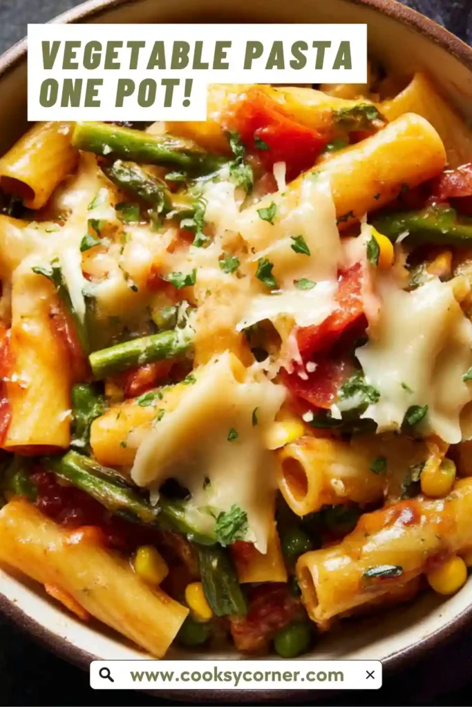 Vegetable pasta cooked in a single pot with penne and tomato sauce.