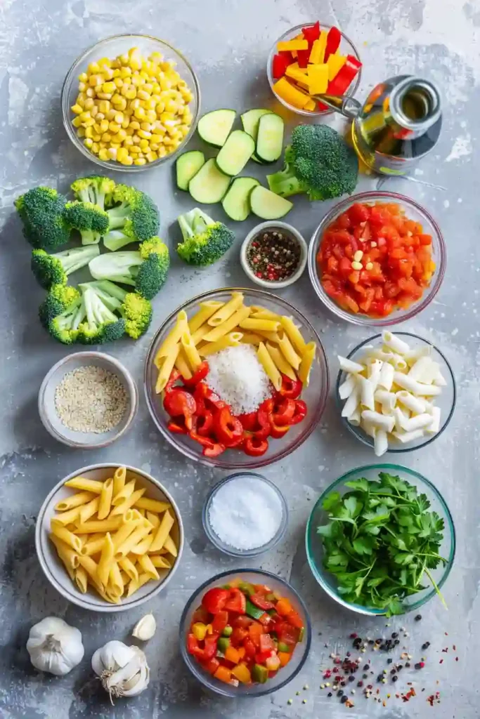Easy vegetable pasta garnished with parsley and parmesan.